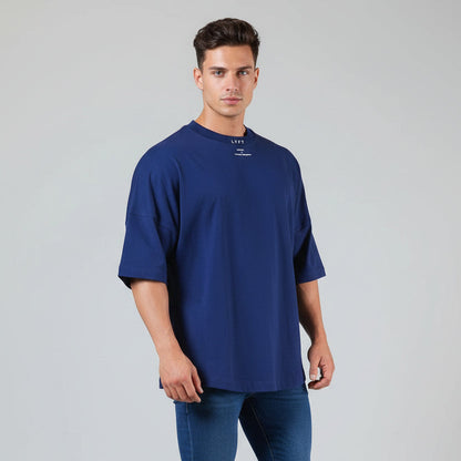 Men's navy blue oversized cotton gym t-shirt with relaxed fit and minimalist logo design - AresFit