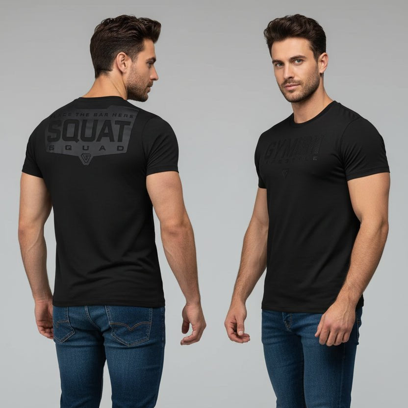 Men's black quick dry gym t-shirt with SQUAT back print and plain front design - AresFit