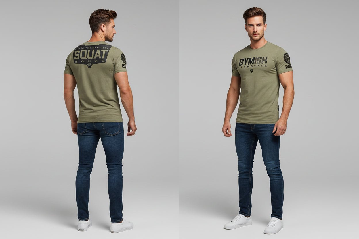 Men's khaki quick dry gym t-shirt with training back print and lightweight performance fit - AresFit