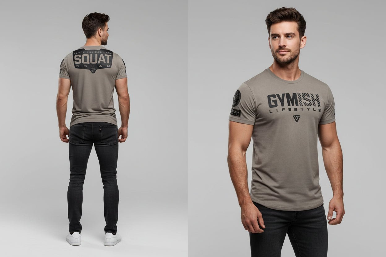 Men's taupe quick dry workout t-shirt with back training graphic and regular fit - AresFit