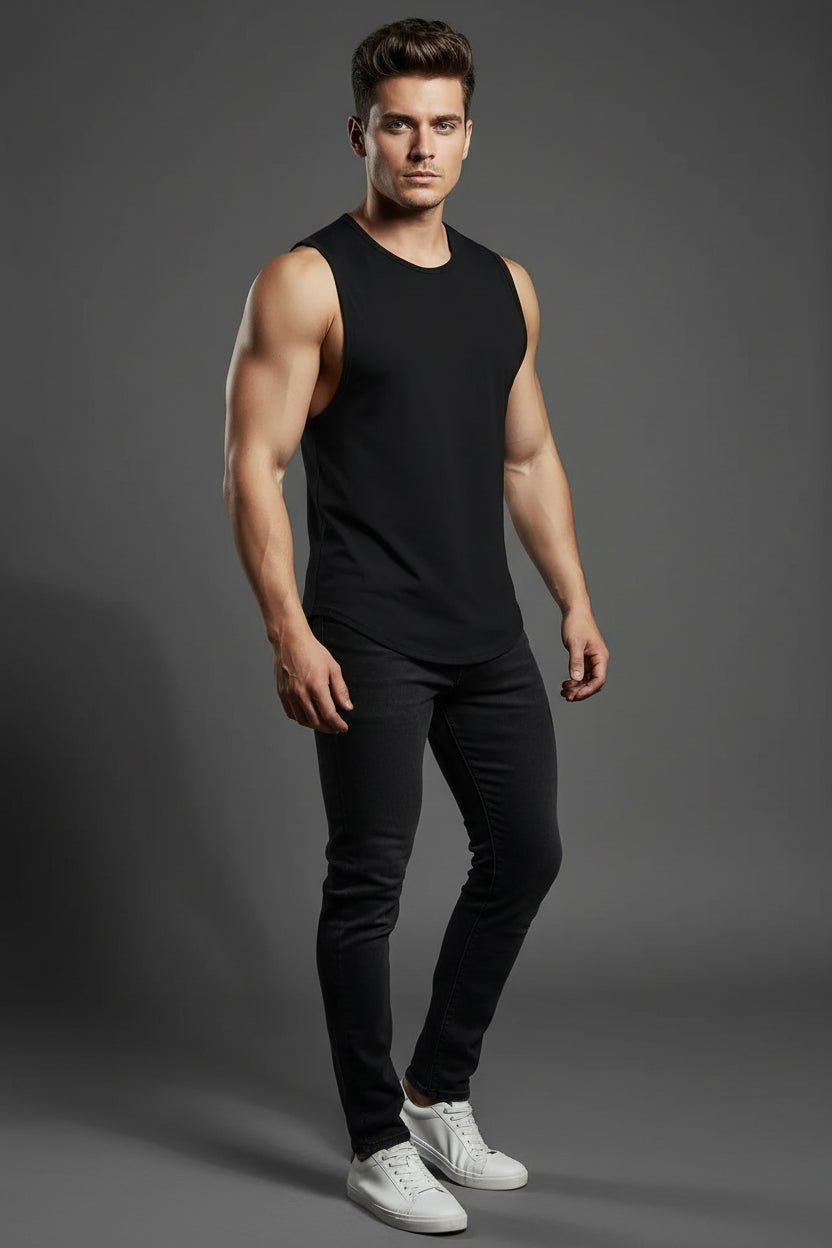 Man wearing a black tank top and black pants on a gray background