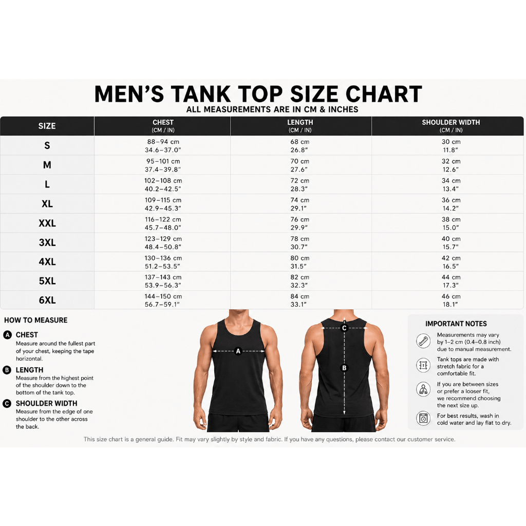 Men's tank top size chart with measurements in centimeters and inches - Aresfit