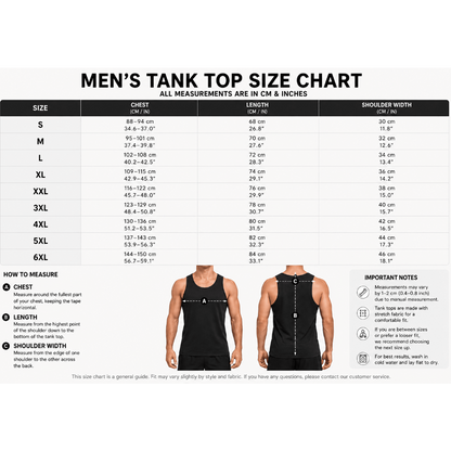 Men's tank top size chart with measurements in centimeters and inches - Aresfit
