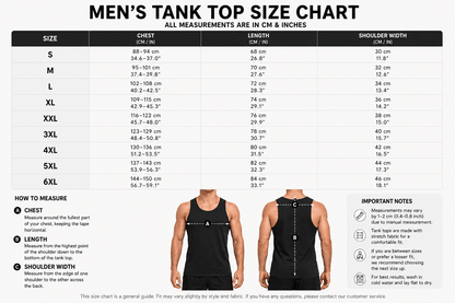 Men's tank top size chart with measurements in centimeters and inches.