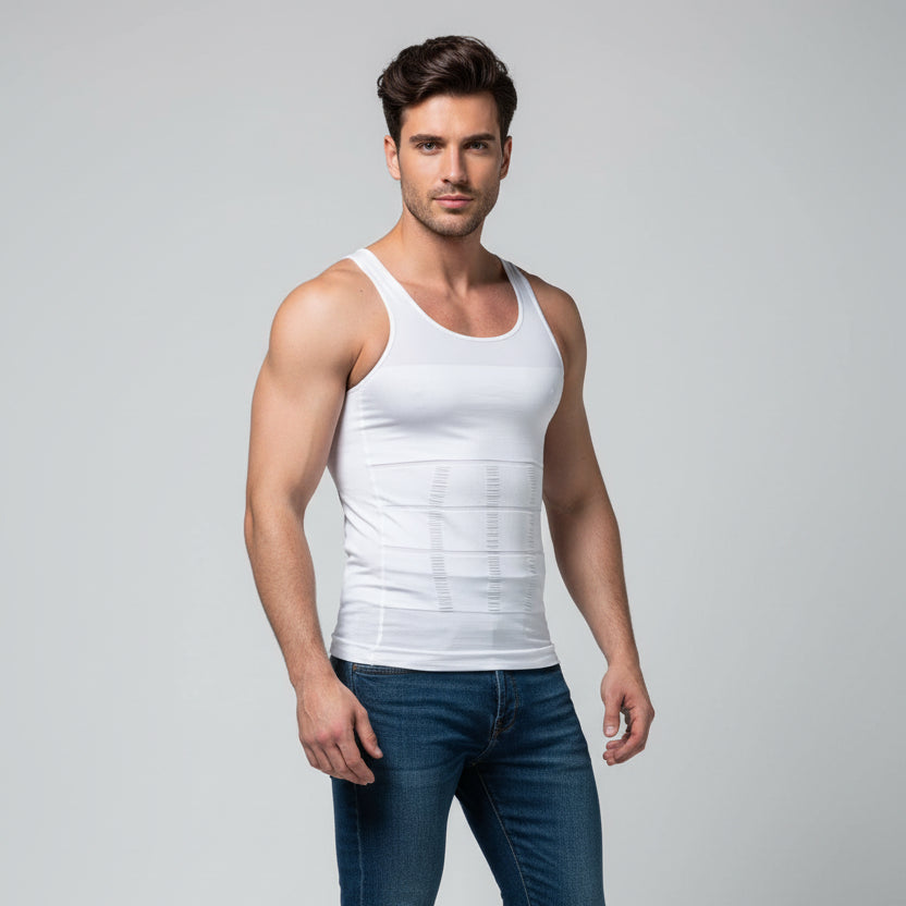 Man wearing white ribbed gym tank top - AresFit