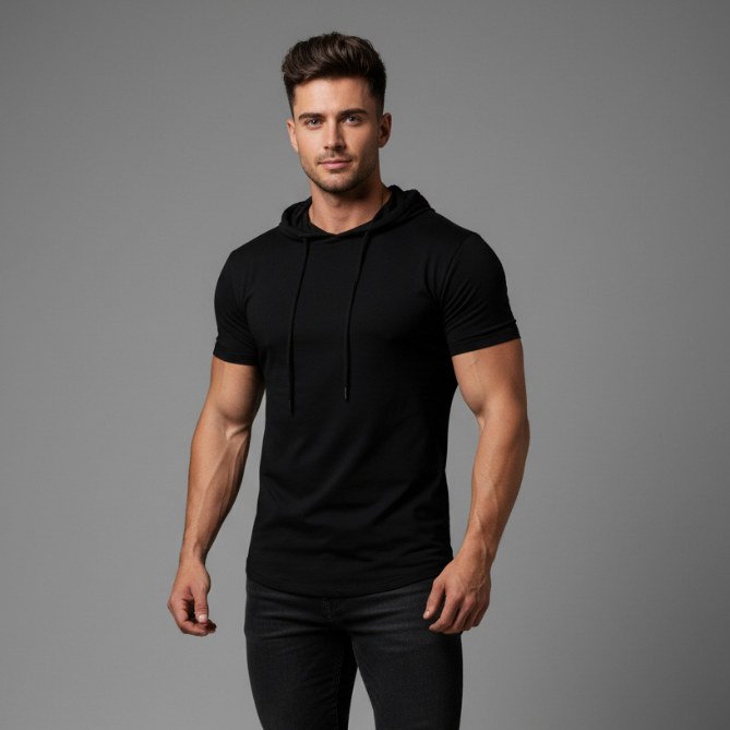 Men's black short sleeve training top with built in face cover and athletic gym fit - AresFit