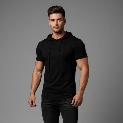 Men's black short sleeve training top with built in face cover and athletic gym fit - AresFit