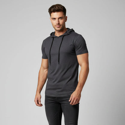 Men's grey short sleeve training top with built in face cover and breathable athletic fit - AresFit