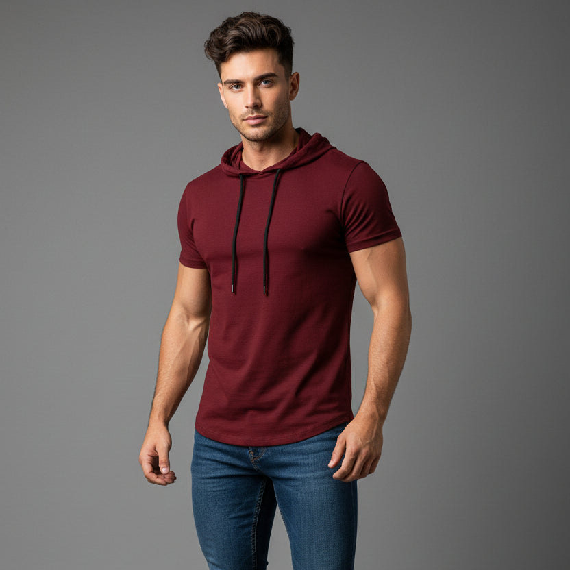 Men's red short sleeve training top with built in face cover and lightweight athletic fit - AresFit