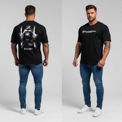 Men's black Silverback gym t-shirt with breakthrough gorilla back graphic and Silverback logo front - AresFit
