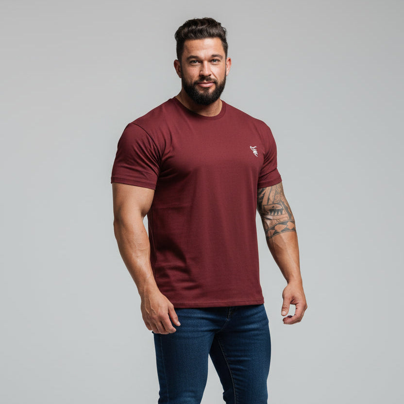 Men's burgundy Silverback gym t-shirt with minimalist chest logo and athletic training fit - AresFit