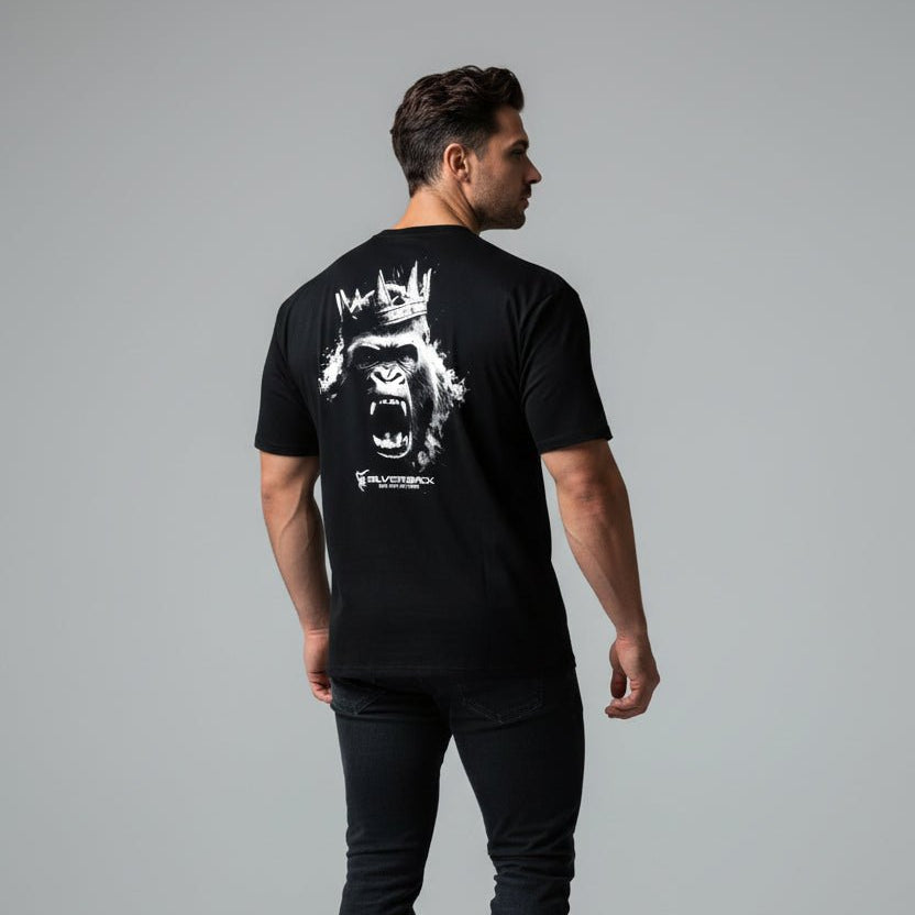 Men's Silverback gym t-shirt featuring crowned gorilla back graphic and bodybuilding streetwear design - AresFit
