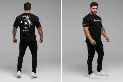 Men's black Silverback gym t-shirt featuring crowned gorilla back print and Silverback logo front - AresFit