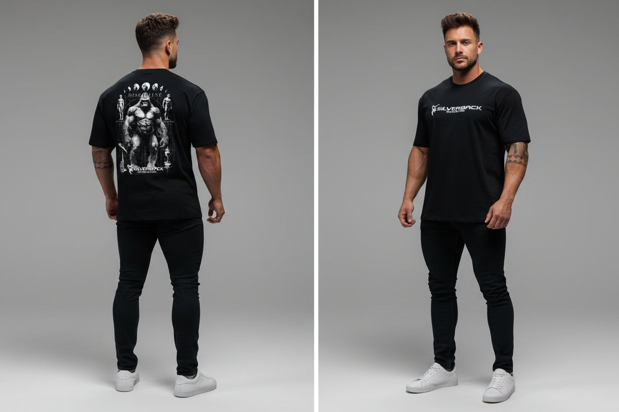 Men's black Silverback gym t-shirt with Destroy gorilla back graphic and Silverback logo front - AresFit