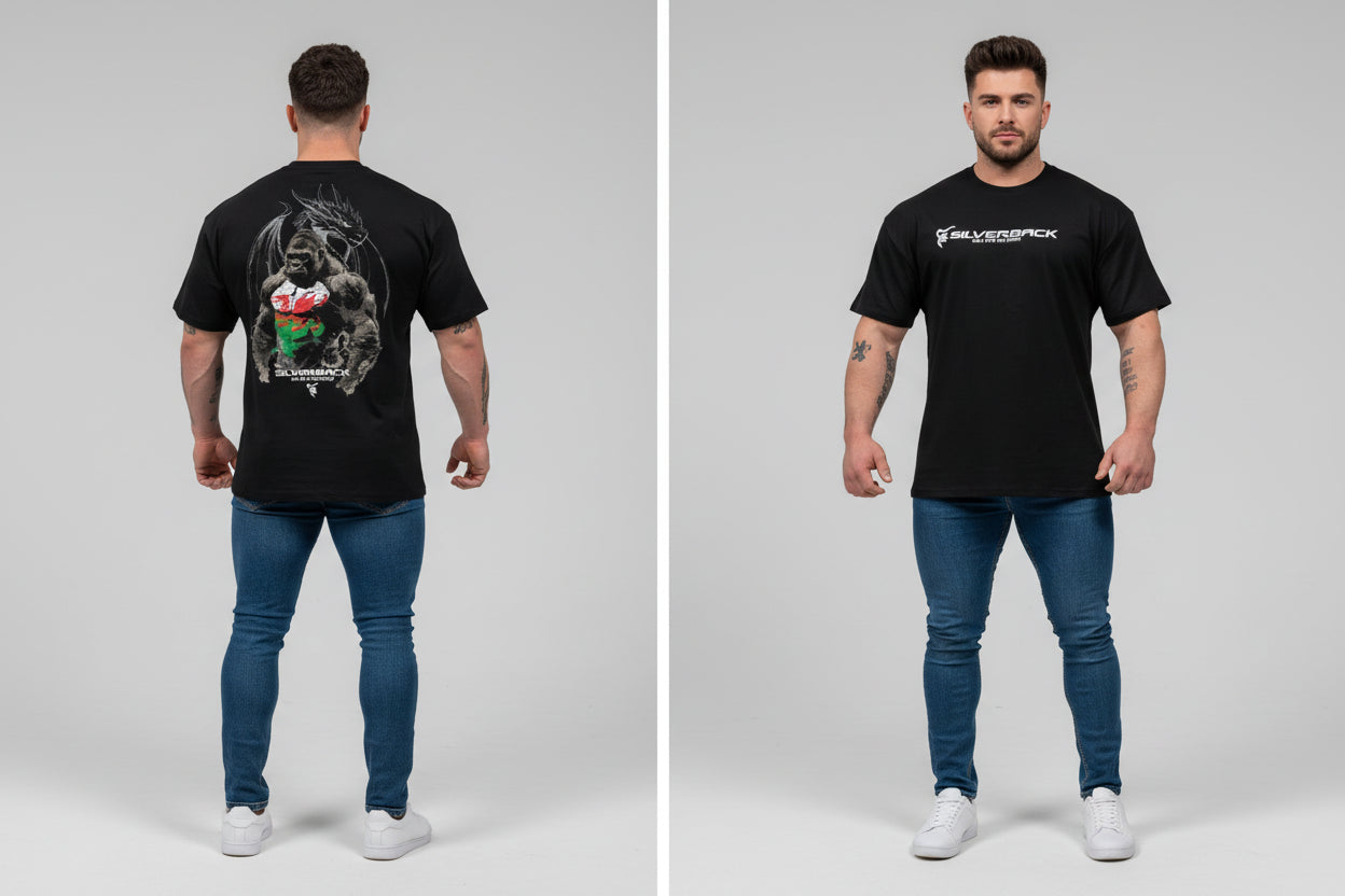 Men's black Silverback gym t-shirt with gorilla and dragon back graphic and Silverback front logo design - AresFit