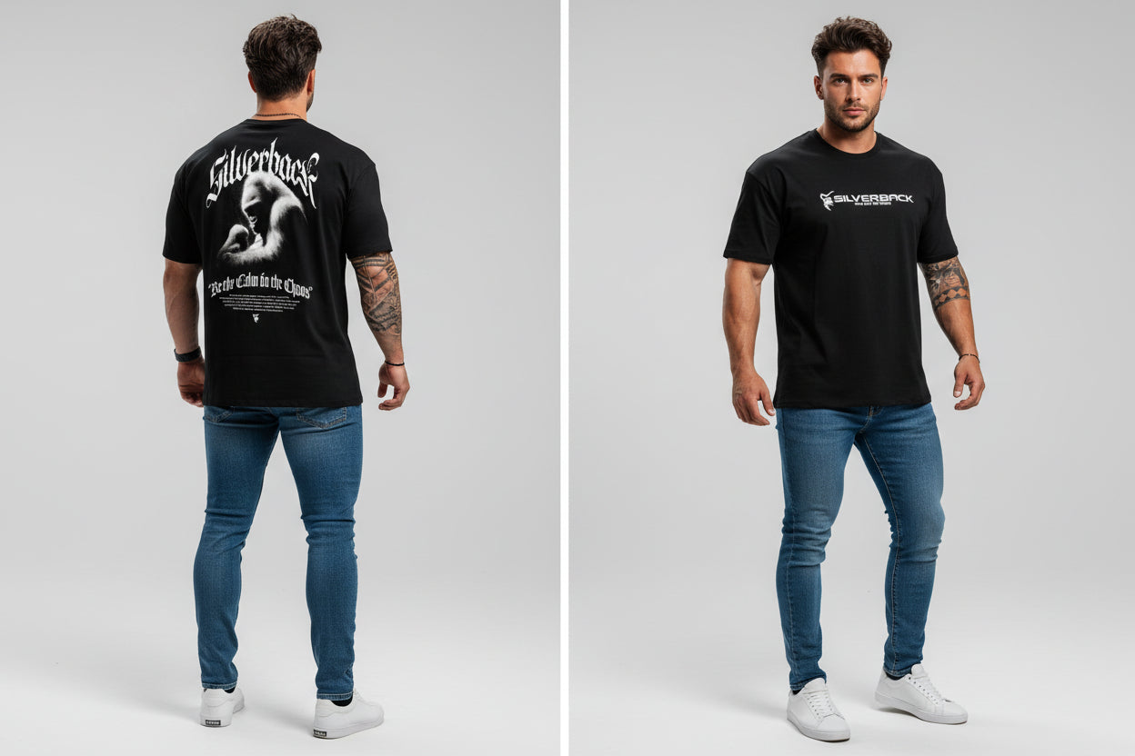 Men's black Silverback gym t-shirt featuring gorilla faith back graphic and Silverback front logo - AresFit