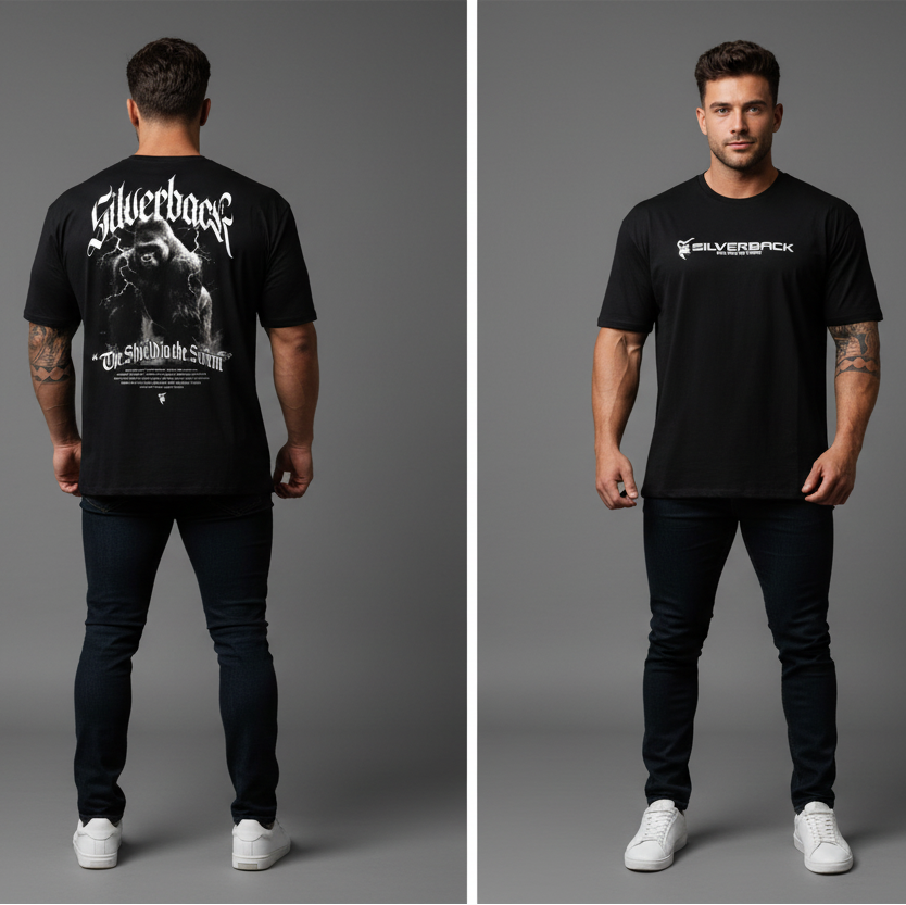 Men's black Silverback gym t-shirt with gorilla lightning back graphic and Silverback logo front - AresFit