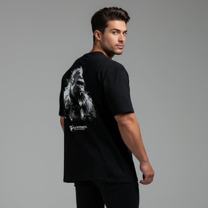 Men's Silverback gym t-shirt featuring bold gorilla portrait back graphic and gym streetwear fit - AresFit