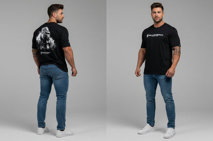 Men's black Silverback gym t-shirt with gorilla portrait back graphic and Silverback logo front - AresFit
