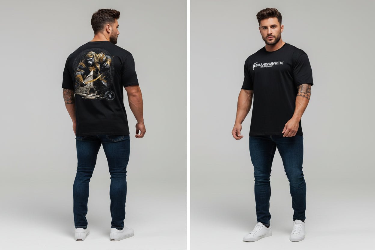 Men's black Silverback gym t-shirt with gorilla pyramid back graphic and Silverback front logo - AresFit