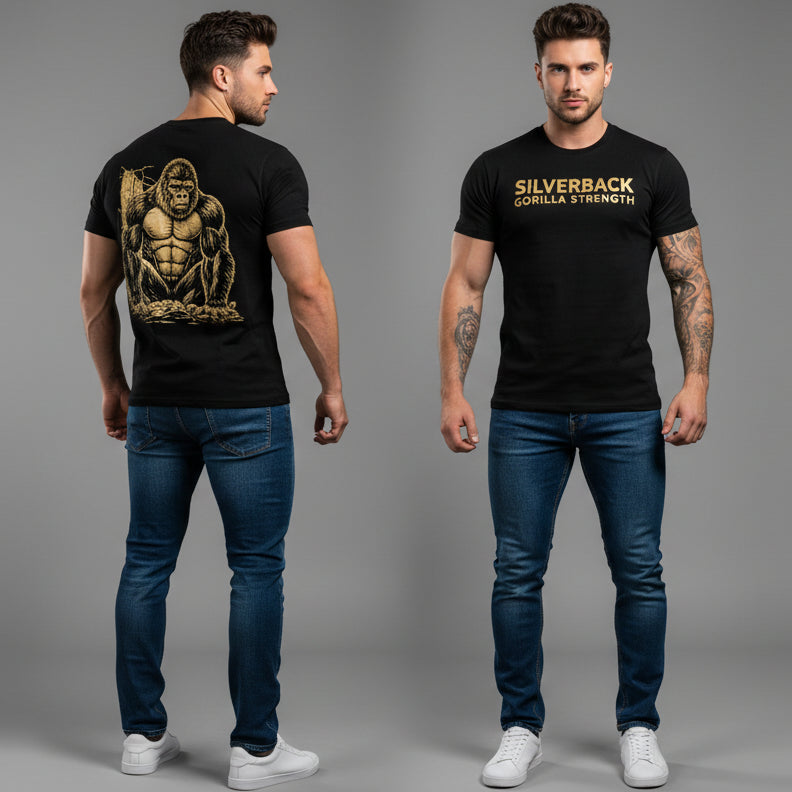 Men's black Silverback gym t-shirt with gold gorilla strength back graphic and Silverback Gorilla Strength front print - AresFit