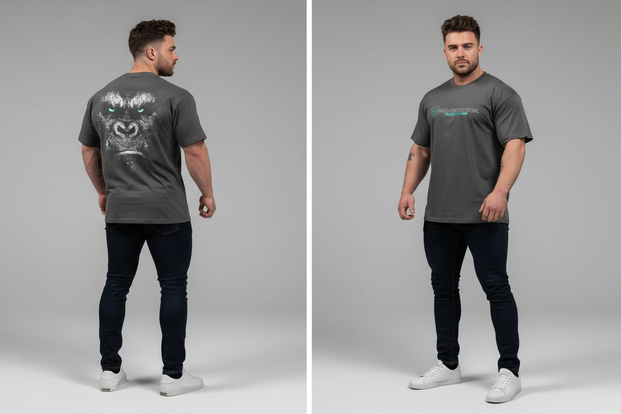 Men's grey Silverback gym t-shirt featuring gorilla face back graphic with blue eyes and Silverback front logo - AresFit