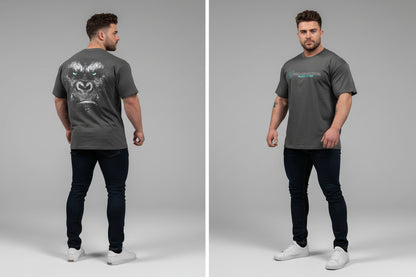 Men's grey Silverback gym t-shirt featuring gorilla face back graphic with blue eyes and Silverback front logo - AresFit