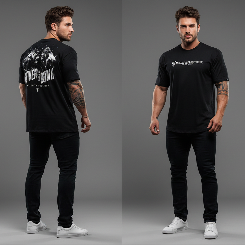 Men's black Silverback gym t-shirt with Never Down motivational back graphic and front logo design - AresFit