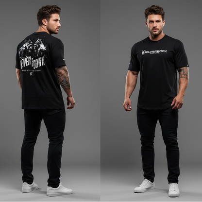 Men's black Silverback gym t-shirt with Never Down motivational back graphic and front logo design - AresFit