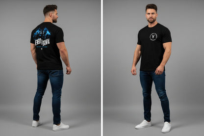 Men's black Silverback gym t-shirt featuring Never Down blue back graphic and chest logo detail - AresFit