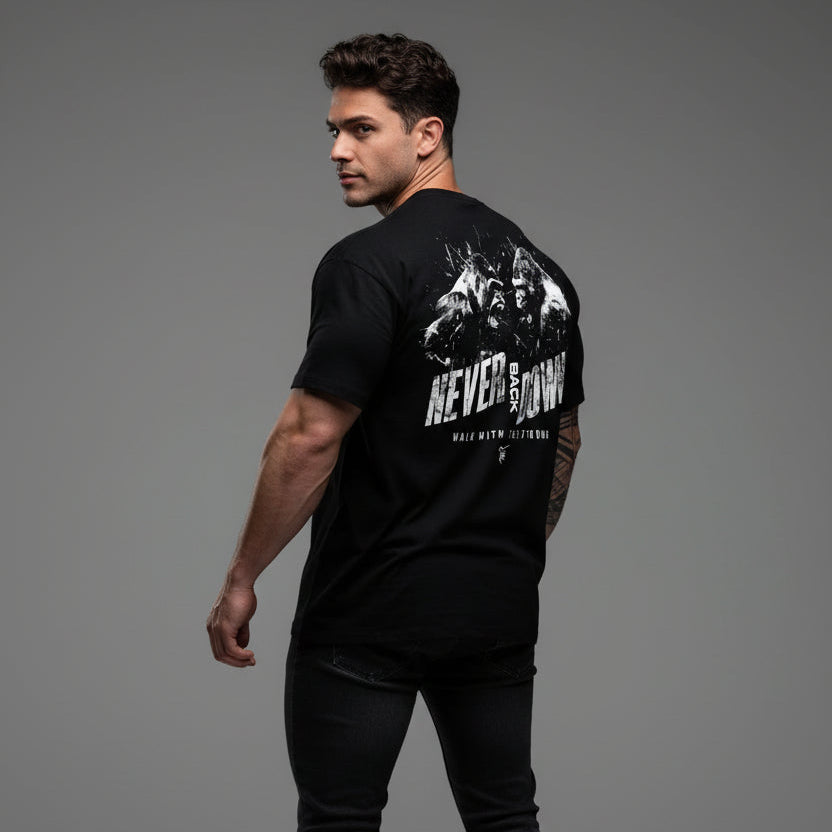 Men's Silverback gym t-shirt with Never Stop motivational back graphic and bodybuilding inspired design - AresFit