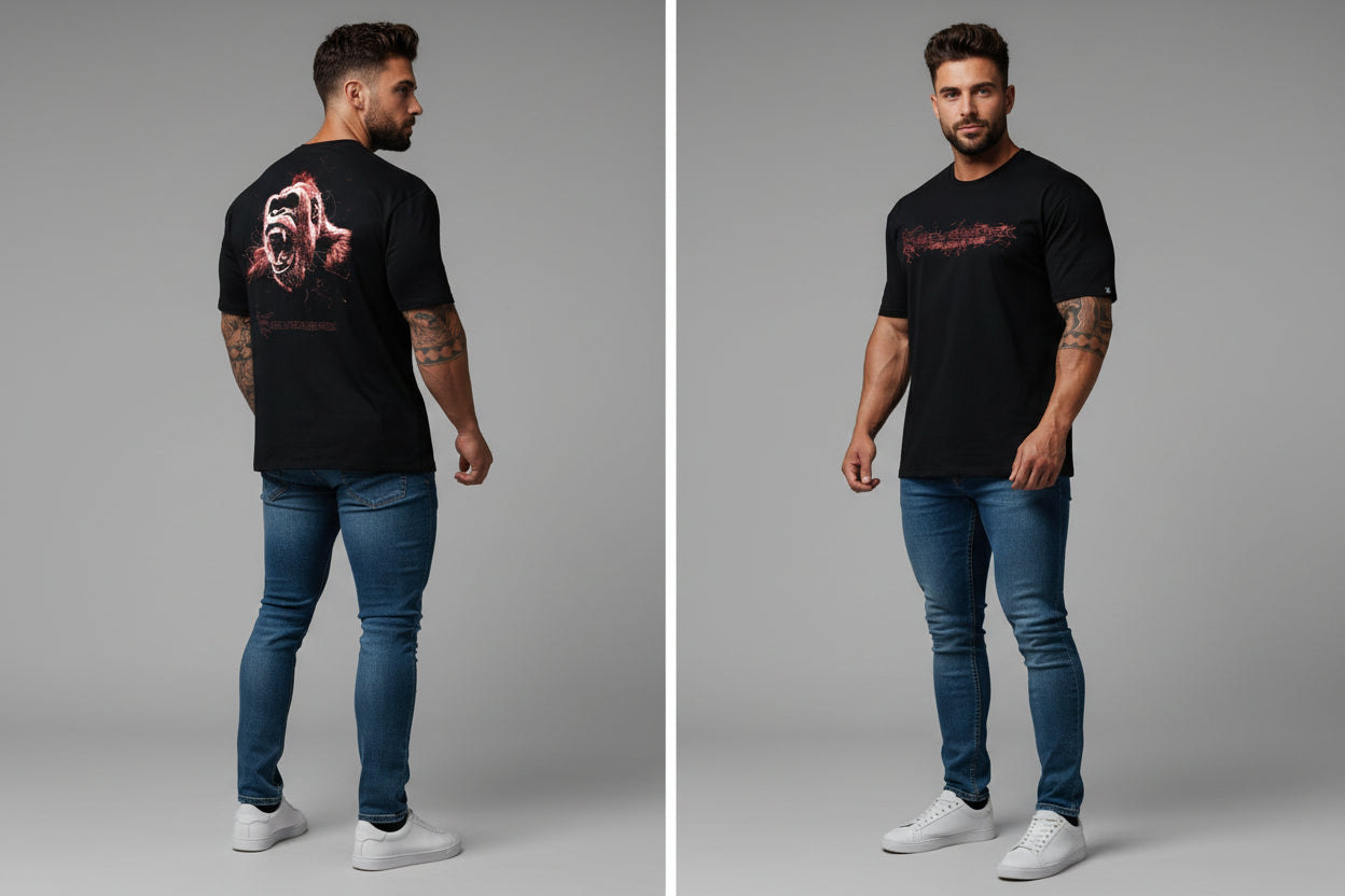 Men's black Silverback gym t-shirt featuring red roaring gorilla back graphic and Silverback front logo print - AresFit