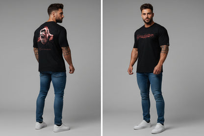 Men's black Silverback gym t-shirt featuring red roaring gorilla back graphic and Silverback front logo print - AresFit