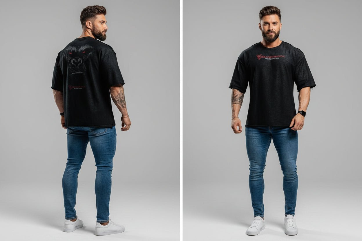 Men's black Silverback gym t-shirt featuring roaring gorilla back graphic and Silverback logo front - AresFit