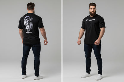 Men's black Silverback gym t-shirt featuring roaring gorilla profile back graphic and Silverback logo front - AresFit