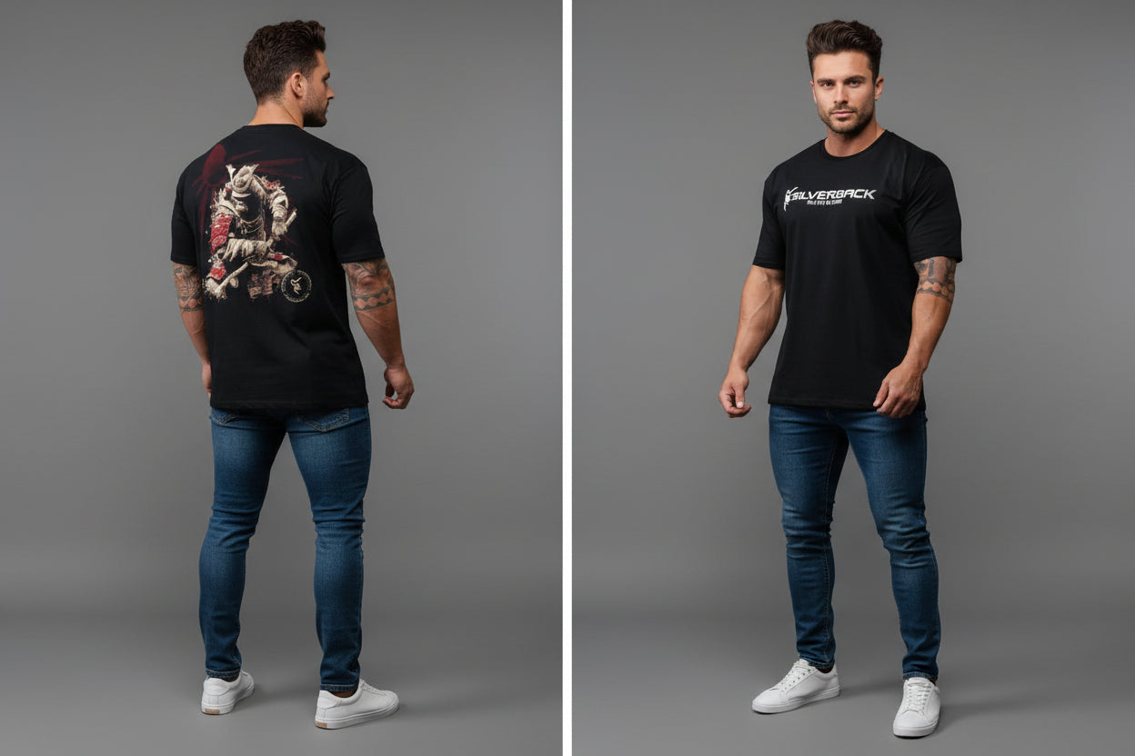 Men's black Silverback gym t-shirt with samurai warrior back graphic and Silverback logo front design - AresFit