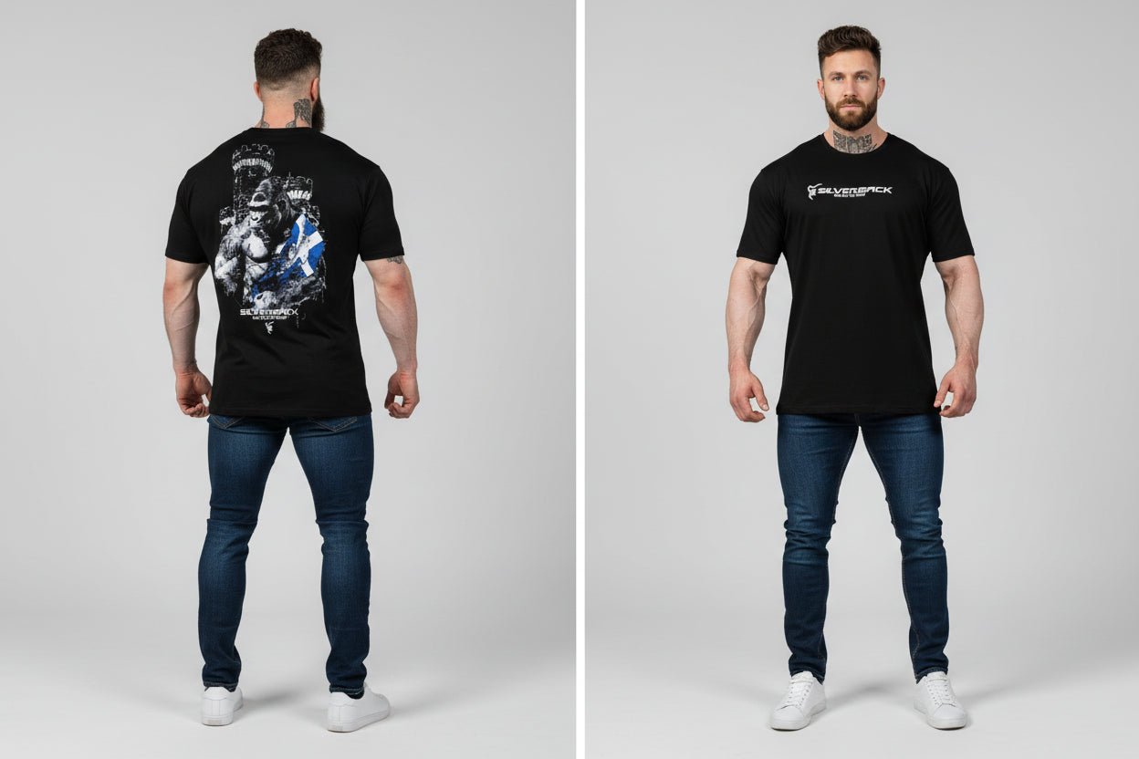 Men's black Silverback gym t-shirt with gorilla and Scottish flag back graphic and Silverback front logo - AresFit