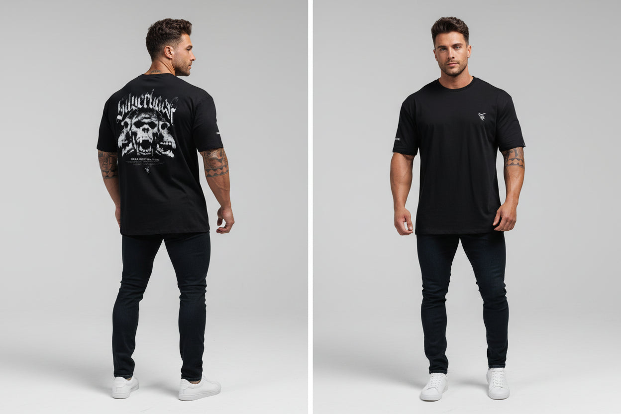 Men's black Silverback gym t-shirt featuring skull gorilla back graphic and minimalist front logo - AresFit