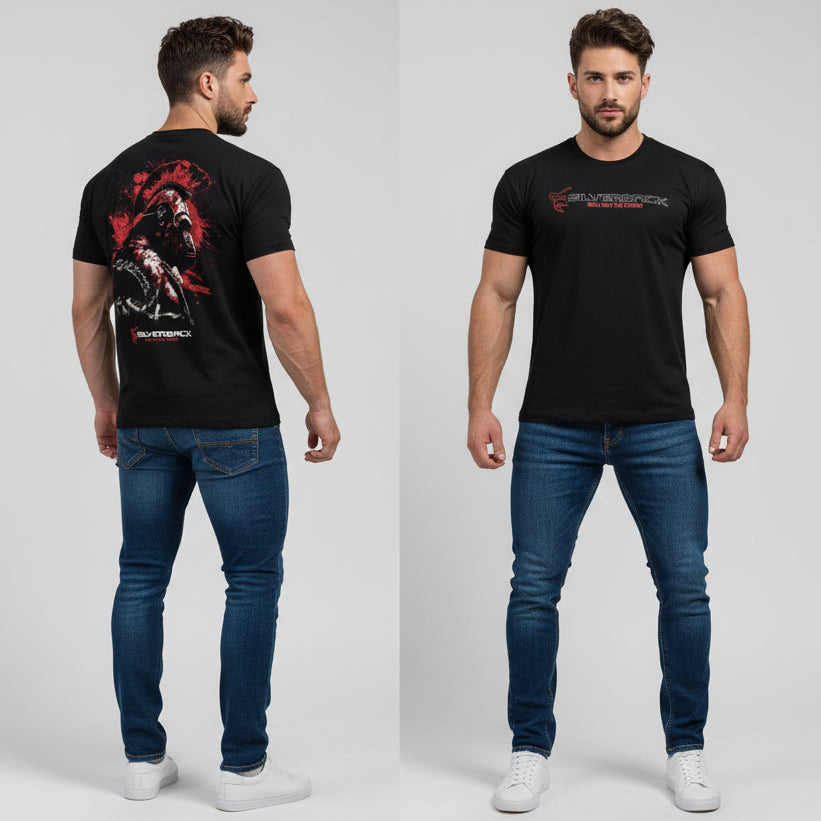 Men's black Silverback gym t-shirt featuring red Spartan warrior back graphic and Silverback logo front - AresFit