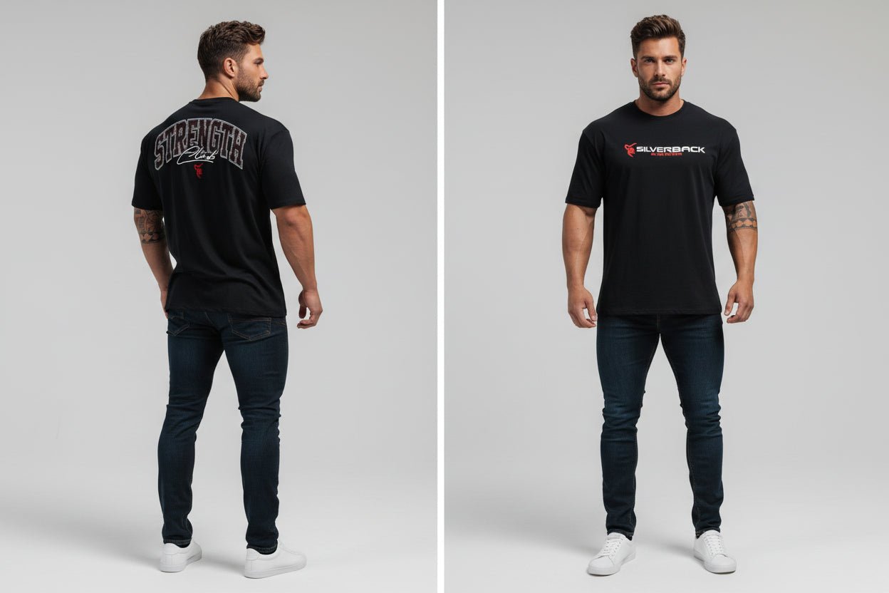 Men's black Silverback gym t-shirt featuring Strength back graphic and Silverback front logo print - AresFit