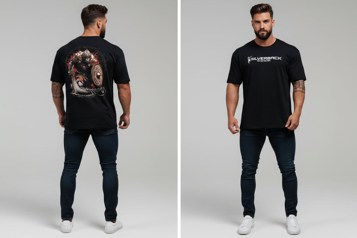 Men's black Silverback gym t-shirt featuring Viking warrior back graphic and Silverback front logo - AresFit