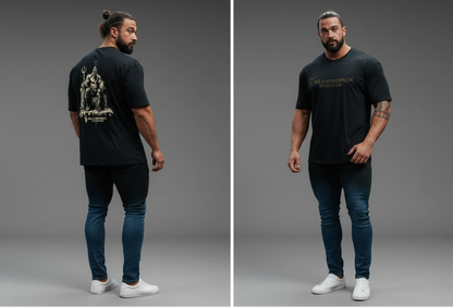 Men's black Silverback gym t-shirt featuring warrior graphic back print and Silverback logo front - AresFit