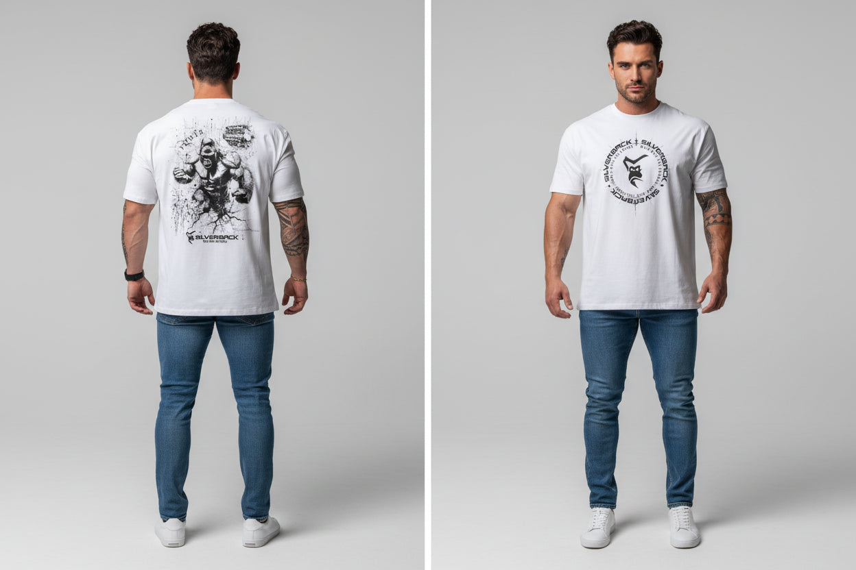 Men's white Silverback gym t-shirt featuring gorilla back graphic and Silverback front logo design - AresFit