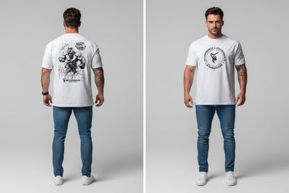 Men's white Silverback gym t-shirt featuring gorilla back graphic and Silverback front logo design - AresFit