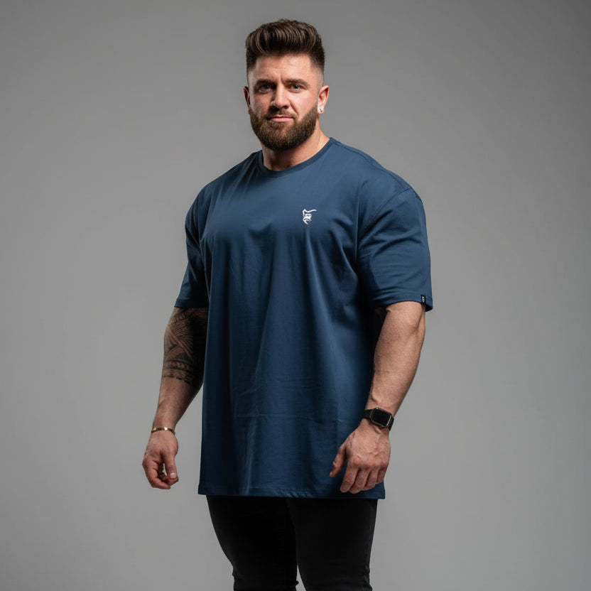 Men's blue oversized Silverback gym t-shirt with front logo and relaxed bodybuilding fit - AresFit
