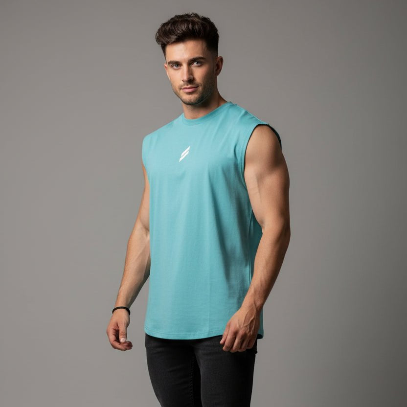 Man wearing aqua sleeveless gym tank top alternate view - AresFit