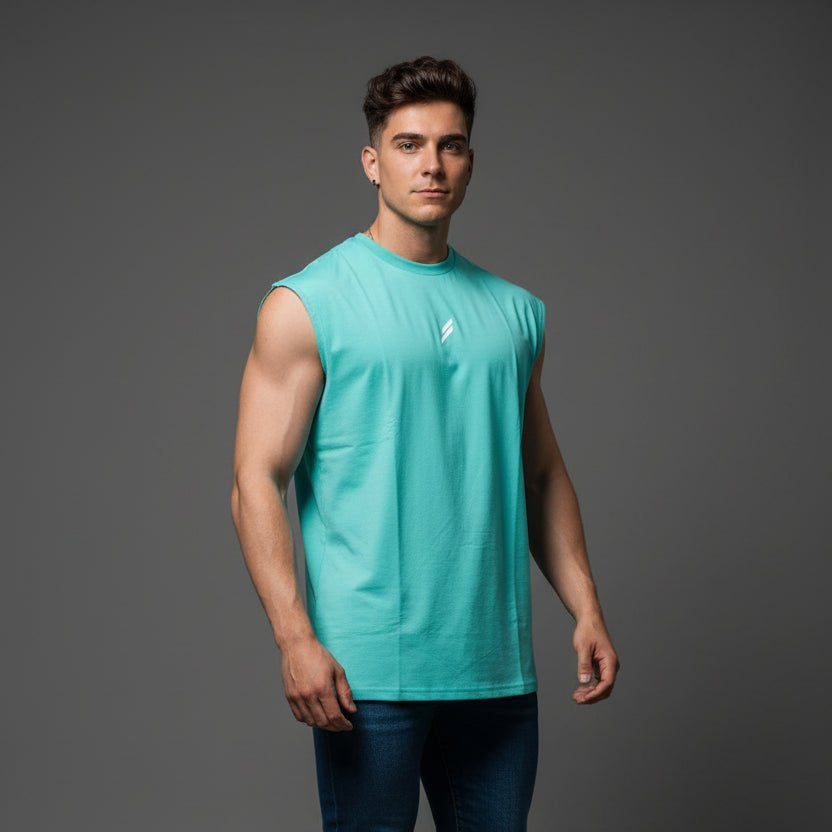 Man wearing aqua sleeveless gym tank top - AresFit