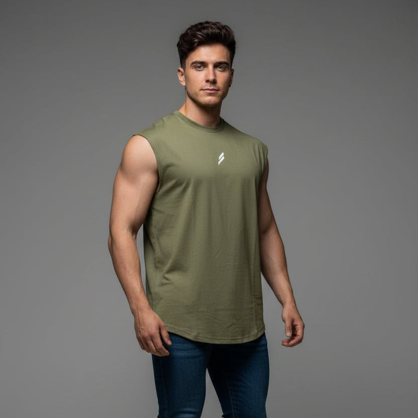 Man wearing army green sleeveless gym tank top - AresFit