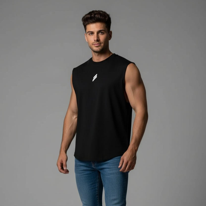 Man wearing black sleeveless gym tank top - AresFit