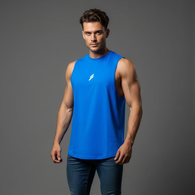 Man wearing blue sleeveless gym tank top - AresFit